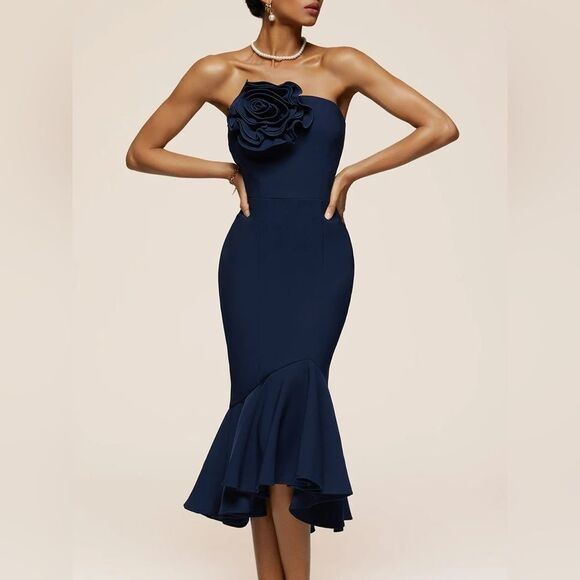 NWT women’s FEHAUTE Dark Blue 3d Floral Strapless Mermaid Midi Dress SZ large - Picture 1 of 11